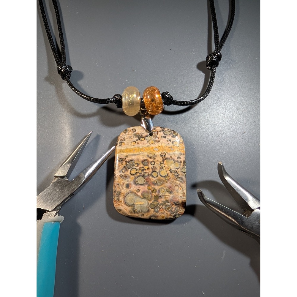 Leopard Skin Jasper Pendant Necklace Adjustable Black Cord Boho Earthy Stone